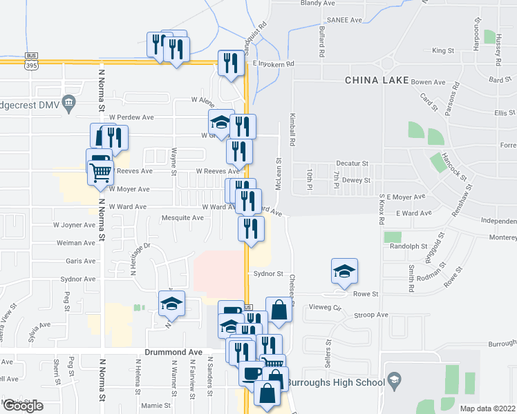 map of restaurants, bars, coffee shops, grocery stores, and more near 2 Ward Avenue in Ridgecrest