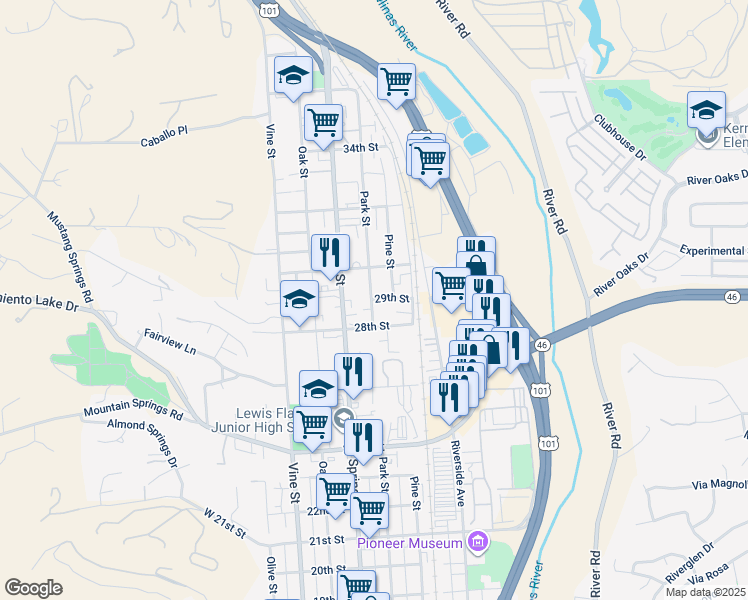 map of restaurants, bars, coffee shops, grocery stores, and more near 28 Pine Street in Paso Robles