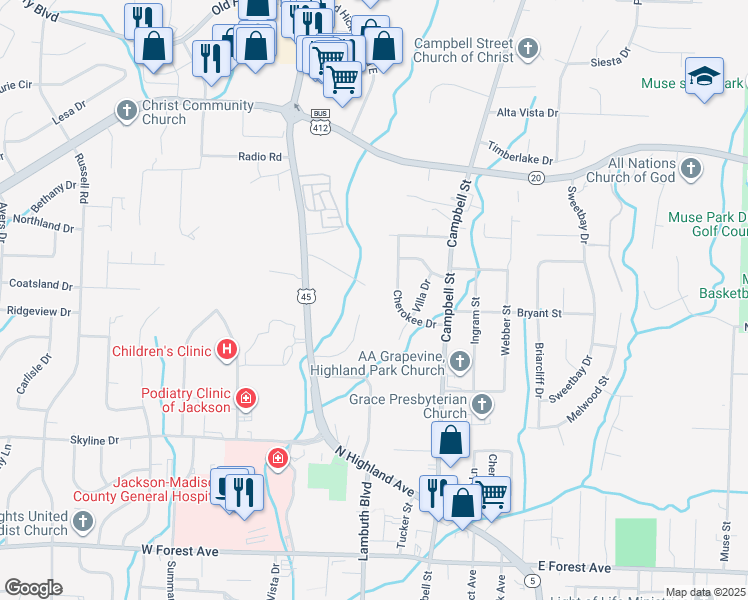 map of restaurants, bars, coffee shops, grocery stores, and more near 60 N Acres Dr in Jackson