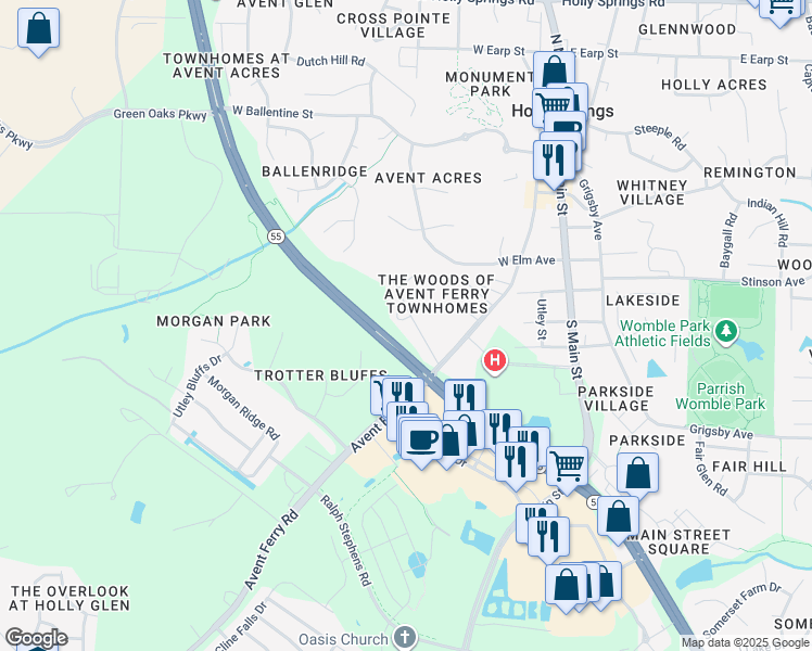 map of restaurants, bars, coffee shops, grocery stores, and more near 600 Country Lane in Holly Springs