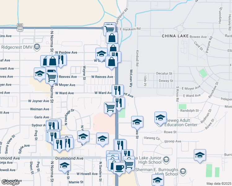 map of restaurants, bars, coffee shops, grocery stores, and more near 4 West Ward Avenue in Ridgecrest