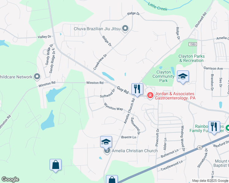 map of restaurants, bars, coffee shops, grocery stores, and more near 3001 Softwind Drive in Clayton