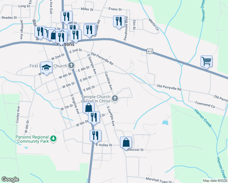 map of restaurants, bars, coffee shops, grocery stores, and more near 111 Carolina Avenue in Parsons