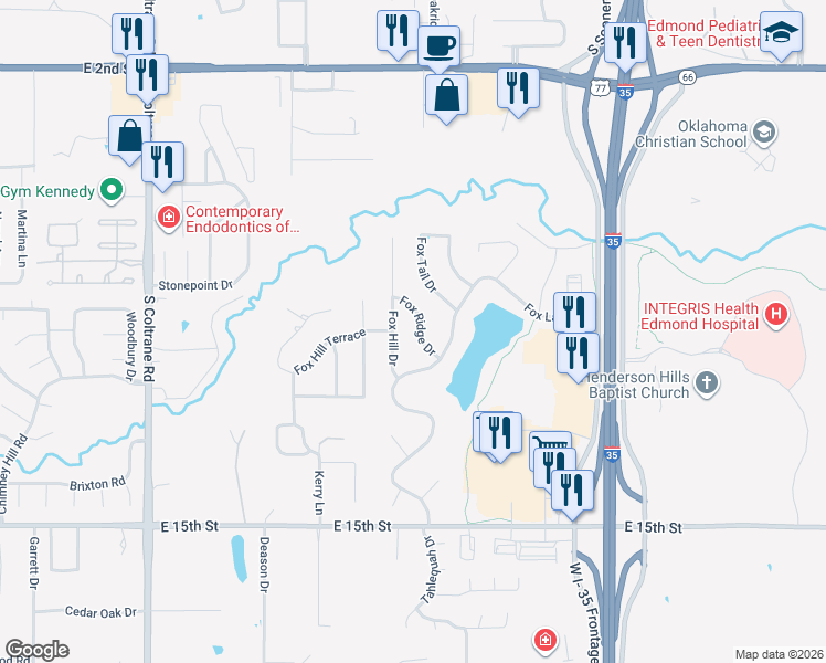 map of restaurants, bars, coffee shops, grocery stores, and more near 909 Fox Ridge Drive in Edmond