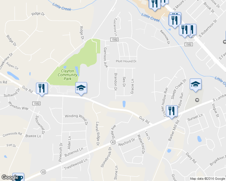 map of restaurants, bars, coffee shops, grocery stores, and more near 202 Brandon Dr in Clayton