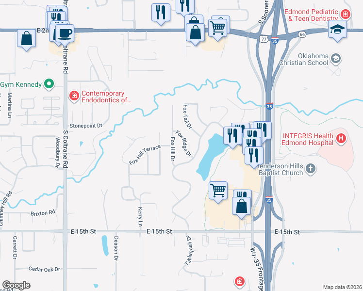 map of restaurants, bars, coffee shops, grocery stores, and more near 909 Fox Ridge Drive in Edmond