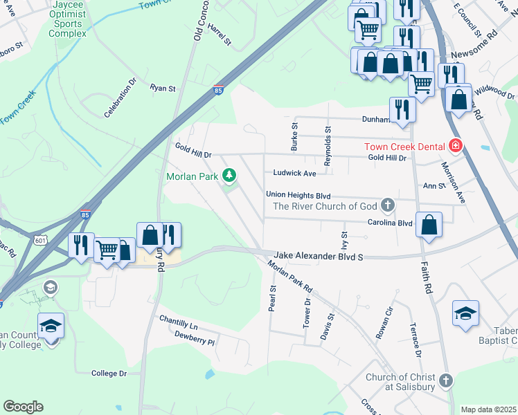 map of restaurants, bars, coffee shops, grocery stores, and more near 506 Carolina Boulevard in Salisbury