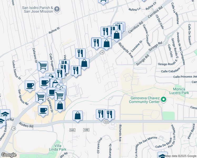 map of restaurants, bars, coffee shops, grocery stores, and more near 3466 Cerrillos Road in Santa Fe