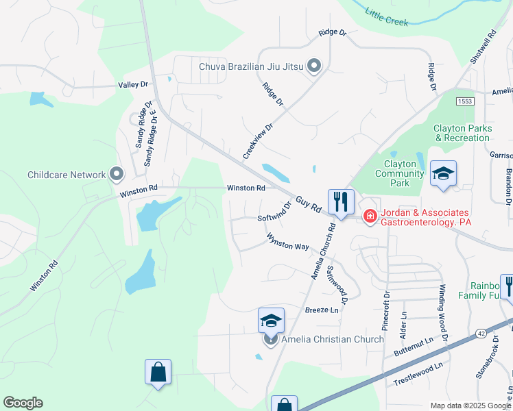 map of restaurants, bars, coffee shops, grocery stores, and more near 1009 Dewberry Court in Clayton