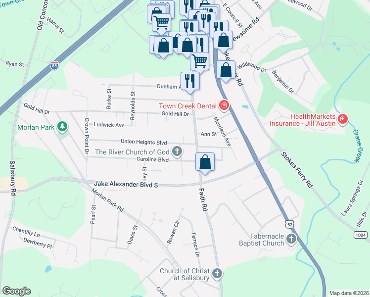 map of restaurants, bars, coffee shops, grocery stores, and more near 701 Faith Road in Salisbury