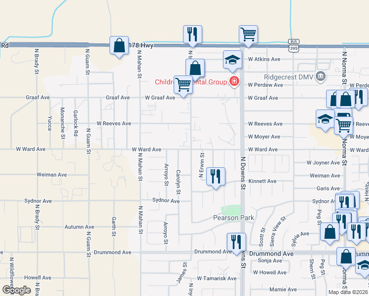 map of restaurants, bars, coffee shops, grocery stores, and more near 1126 West Ward Avenue in Ridgecrest