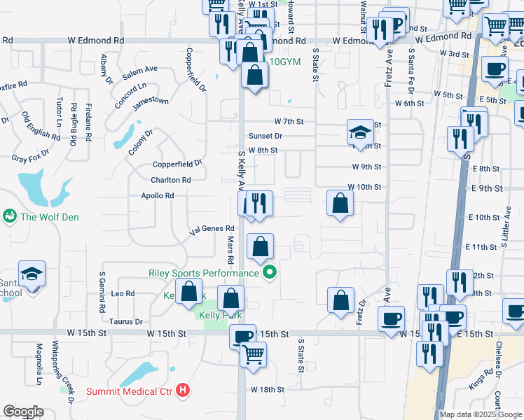 map of restaurants, bars, coffee shops, grocery stores, and more near 900 S Kelly Ave in Edmond