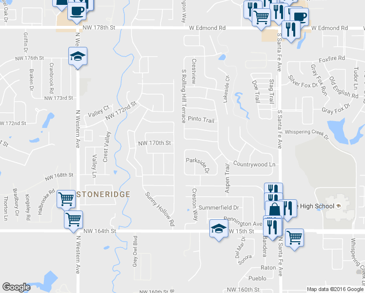 map of restaurants, bars, coffee shops, grocery stores, and more near 2917 Allens Trail in Edmond
