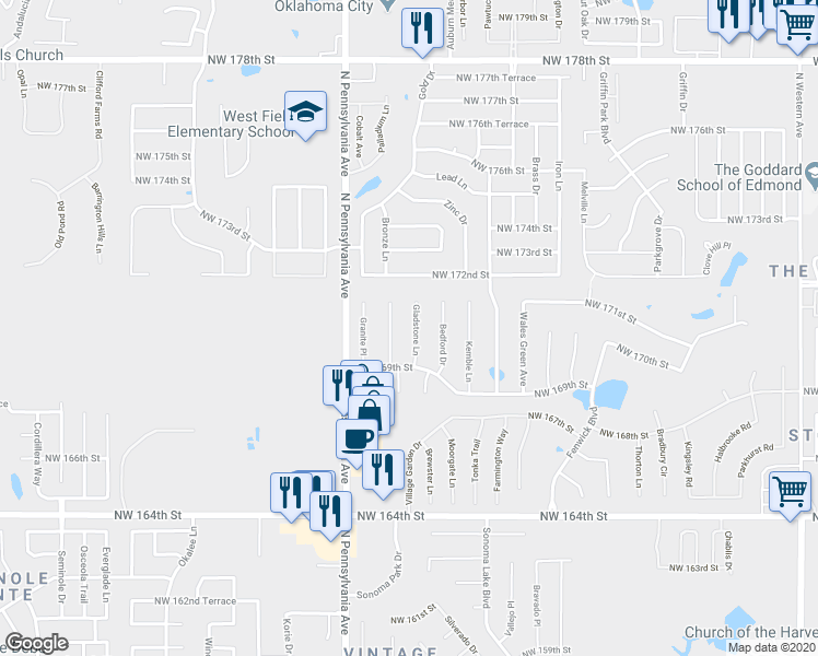map of restaurants, bars, coffee shops, grocery stores, and more near 17104 Gladstone Lane in Edmond