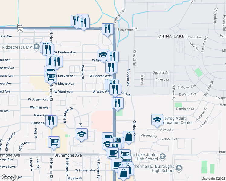 map of restaurants, bars, coffee shops, grocery stores, and more near 4 West Ward Avenue in Ridgecrest