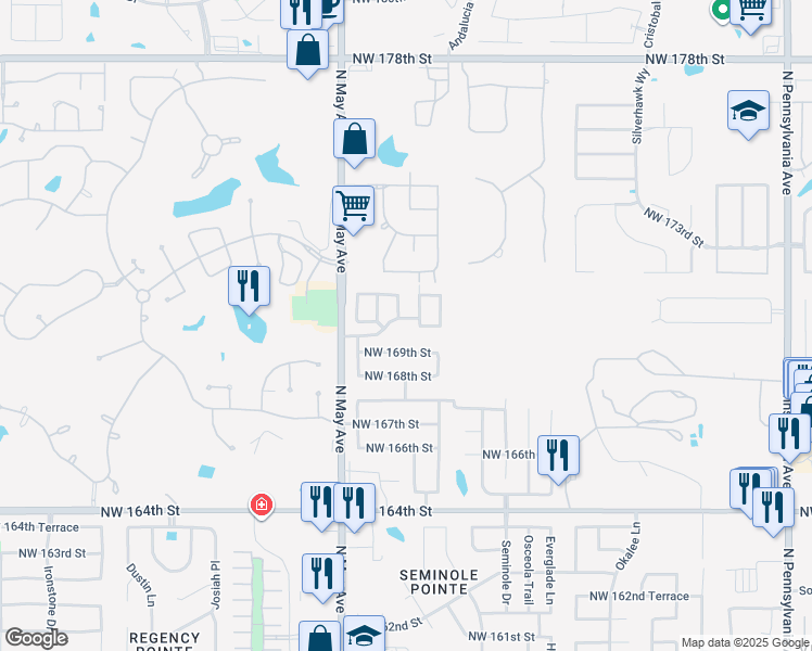 map of restaurants, bars, coffee shops, grocery stores, and more near 2804 Northwest 170th Terrace in Edmond
