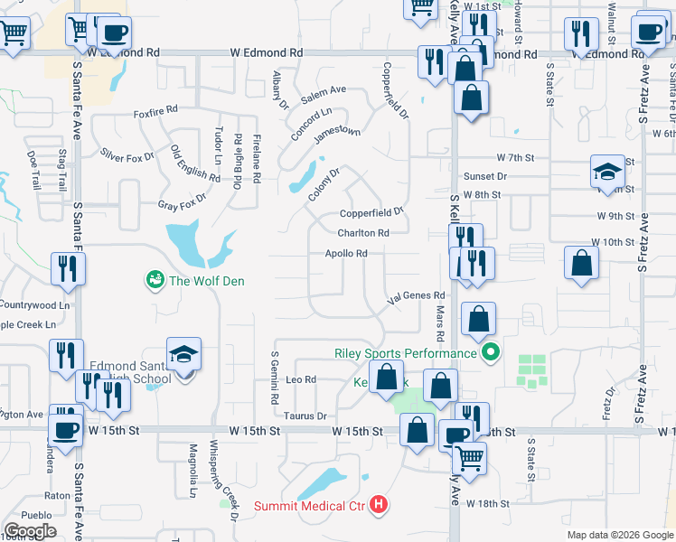 map of restaurants, bars, coffee shops, grocery stores, and more near 901 Jupiter Road in Edmond