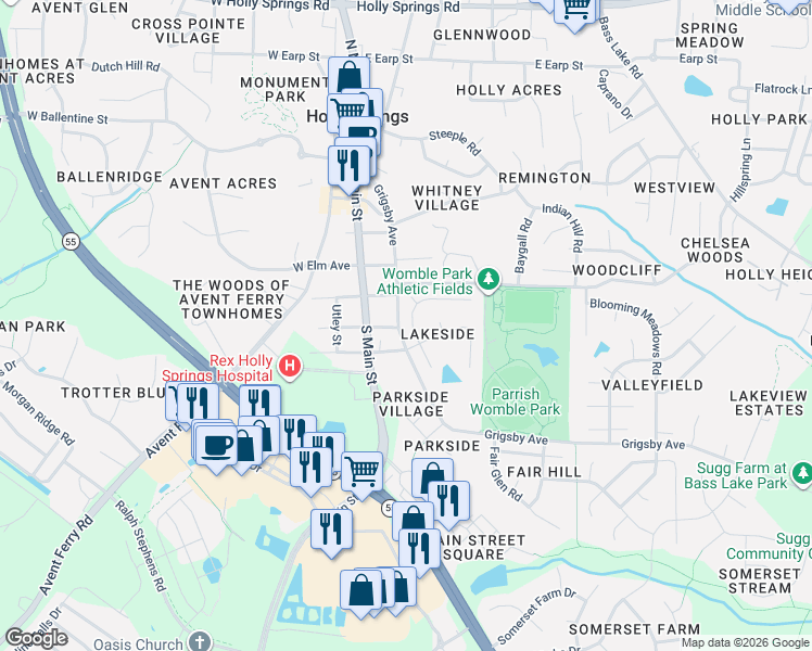 map of restaurants, bars, coffee shops, grocery stores, and more near 313 Springside Drive in Holly Springs