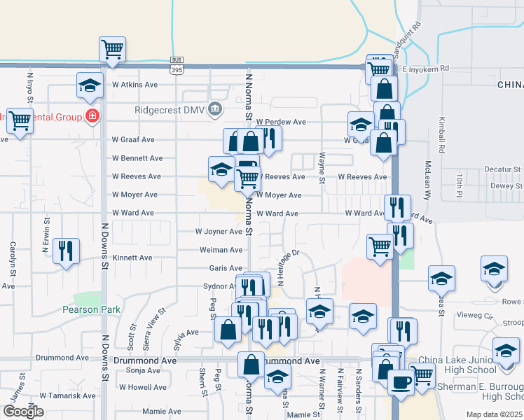map of restaurants, bars, coffee shops, grocery stores, and more near 422 West Ward Avenue in Ridgecrest