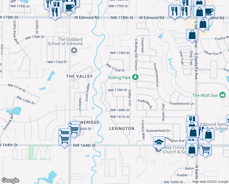 map of restaurants, bars, coffee shops, grocery stores, and more near 17004 Rose Hollow Drive in Edmond