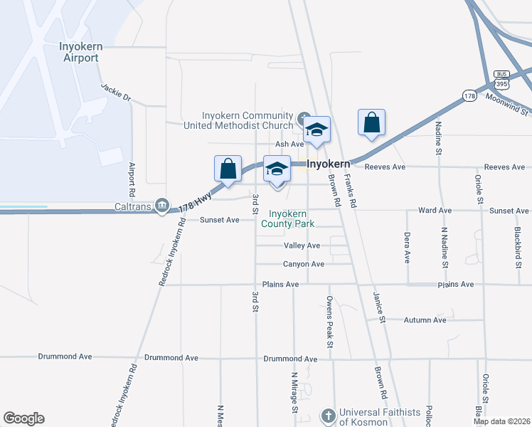 map of restaurants, bars, coffee shops, grocery stores, and more near 6601 Locust Avenue in Inyokern