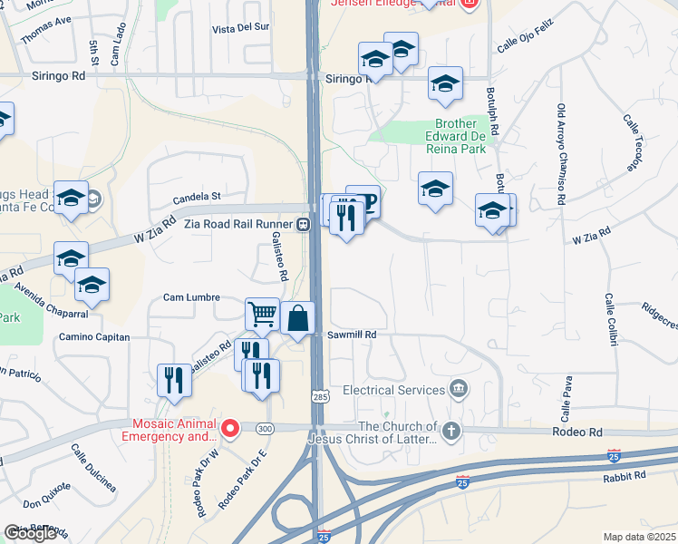 map of restaurants, bars, coffee shops, grocery stores, and more near 3007 South Saint Francis Drive in Santa Fe