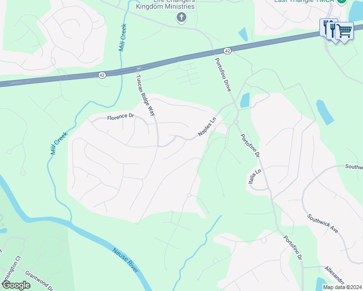 map of restaurants, bars, coffee shops, grocery stores, and more near 38 Castello Way in Clayton