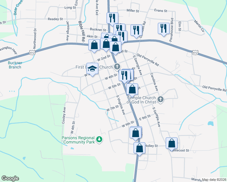 map of restaurants, bars, coffee shops, grocery stores, and more near 270 South Virginia Avenue in Parsons