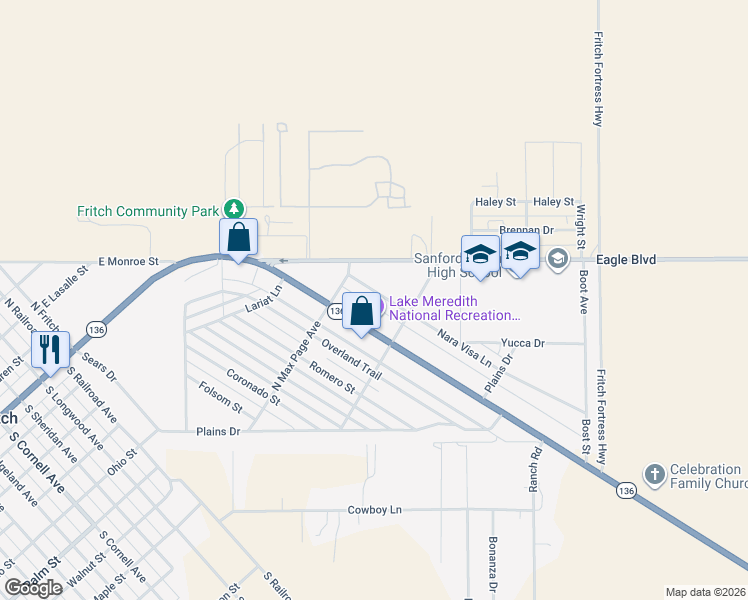 map of restaurants, bars, coffee shops, grocery stores, and more near 400-498 Nara Visa Lane in Fritch
