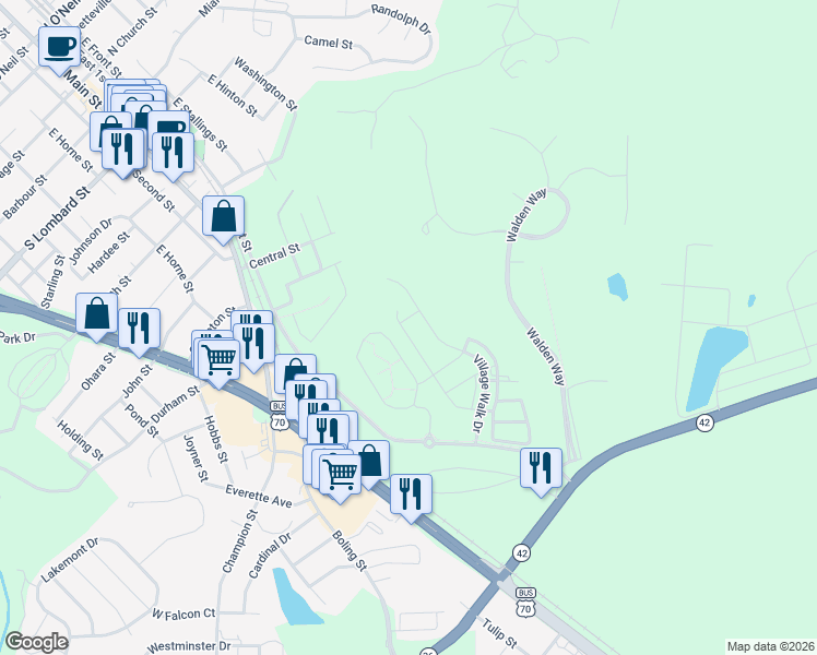map of restaurants, bars, coffee shops, grocery stores, and more near 101 Bent Branch Loop in Clayton