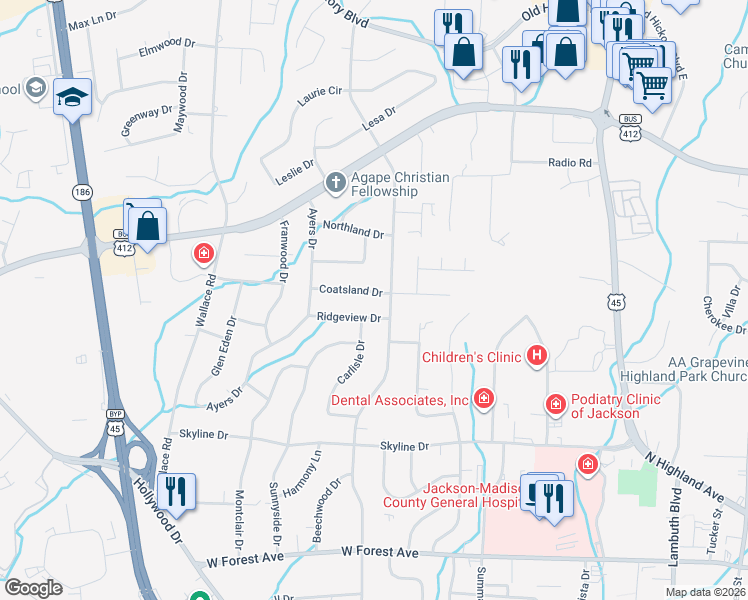 map of restaurants, bars, coffee shops, grocery stores, and more near 64 Coatsland Drive in Jackson