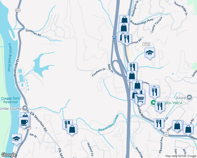 map of restaurants, bars, coffee shops, grocery stores, and more near 10 Newbridge Parkway in Woodfin