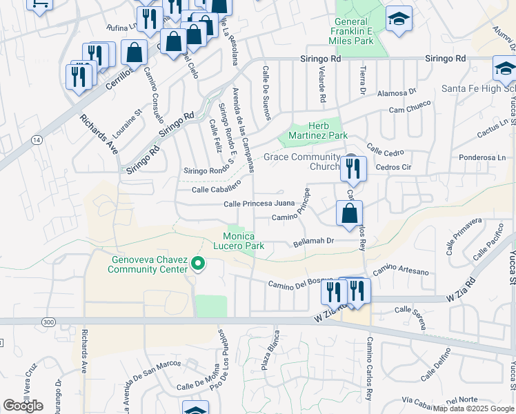 map of restaurants, bars, coffee shops, grocery stores, and more near 2944 Calle Princesa Juana in Santa Fe