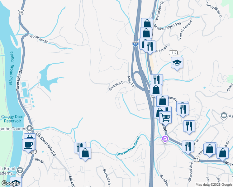 map of restaurants, bars, coffee shops, grocery stores, and more near 10 Newbridge Parkway in Woodfin