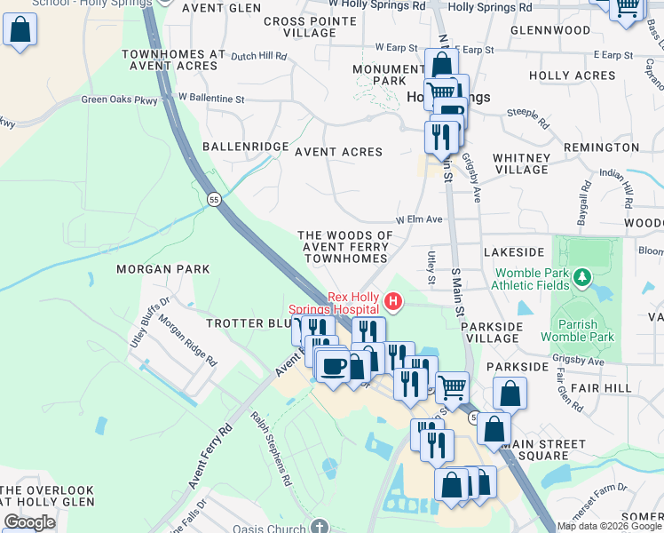 map of restaurants, bars, coffee shops, grocery stores, and more near 600 Country Lane in Holly Springs