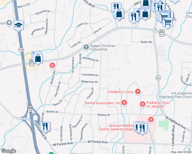 map of restaurants, bars, coffee shops, grocery stores, and more near 64 Coatsland Drive in Jackson