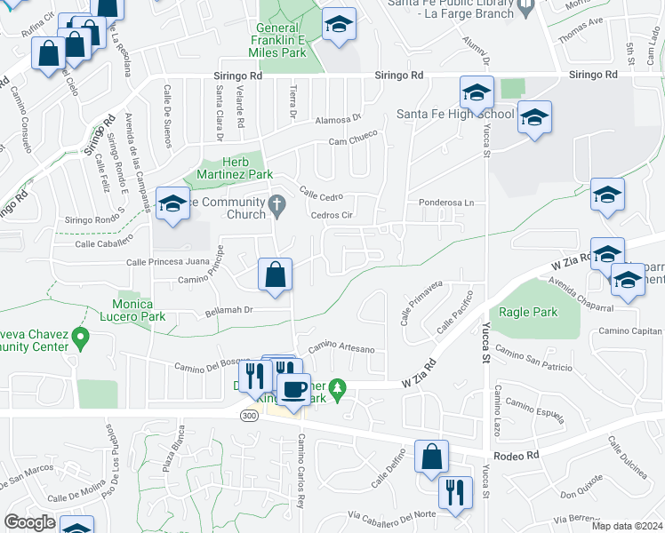 map of restaurants, bars, coffee shops, grocery stores, and more near 2334 Camino Rancho Siringo in Santa Fe