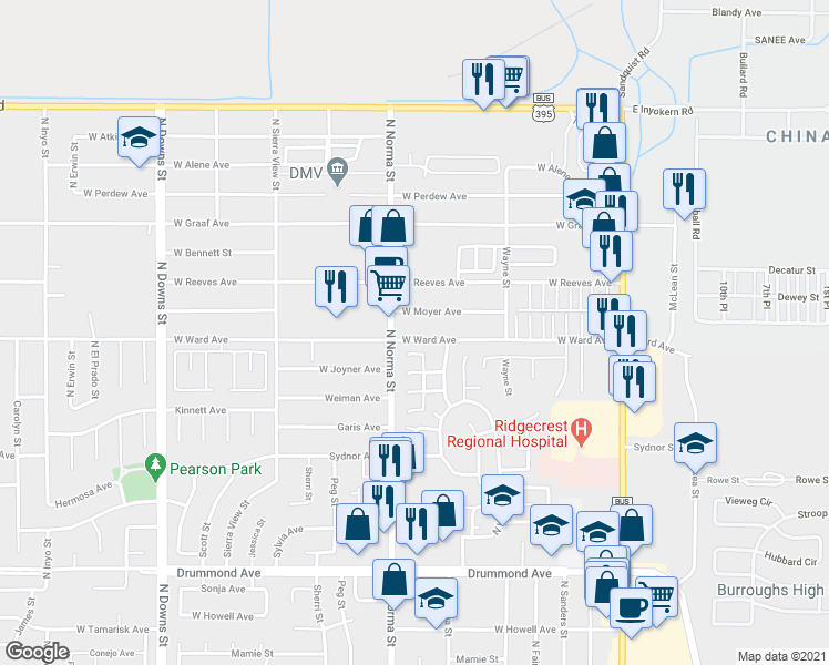 map of restaurants, bars, coffee shops, grocery stores, and more near 428 West Ward Avenue in Ridgecrest