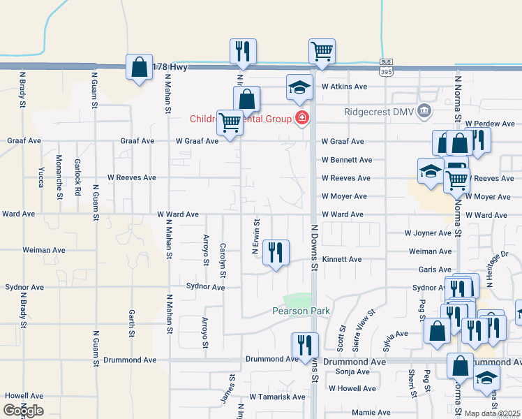 map of restaurants, bars, coffee shops, grocery stores, and more near 1301 North El Prado Street in Ridgecrest