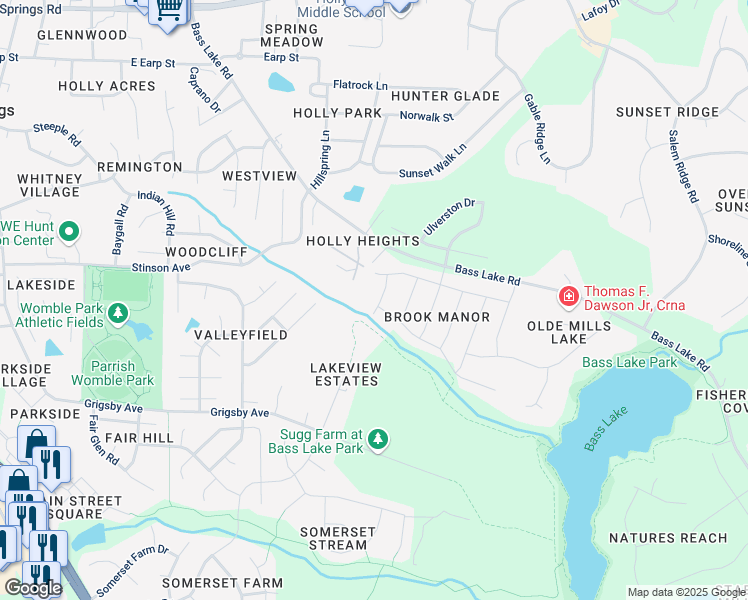 map of restaurants, bars, coffee shops, grocery stores, and more near 612 Estes Lane in Holly Springs
