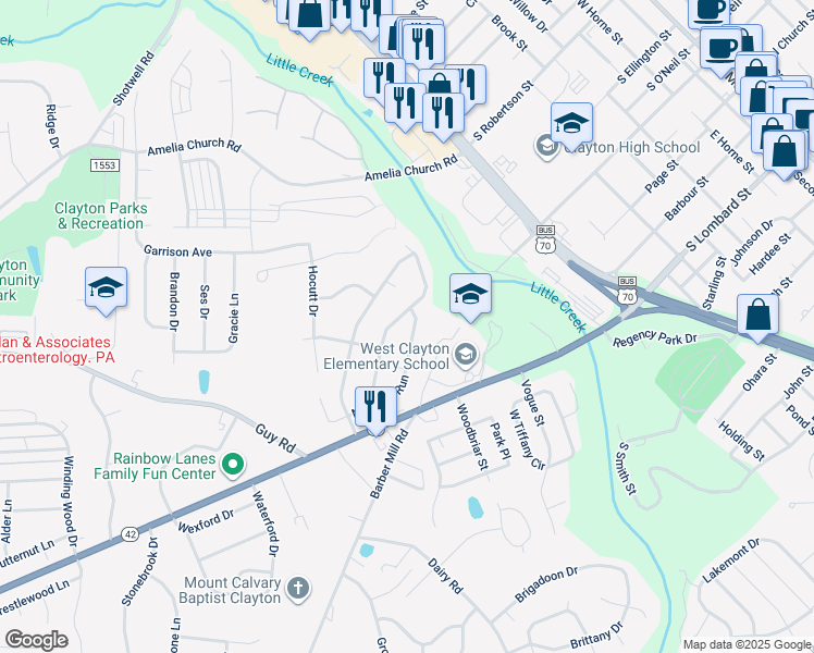 map of restaurants, bars, coffee shops, grocery stores, and more near in Clayton