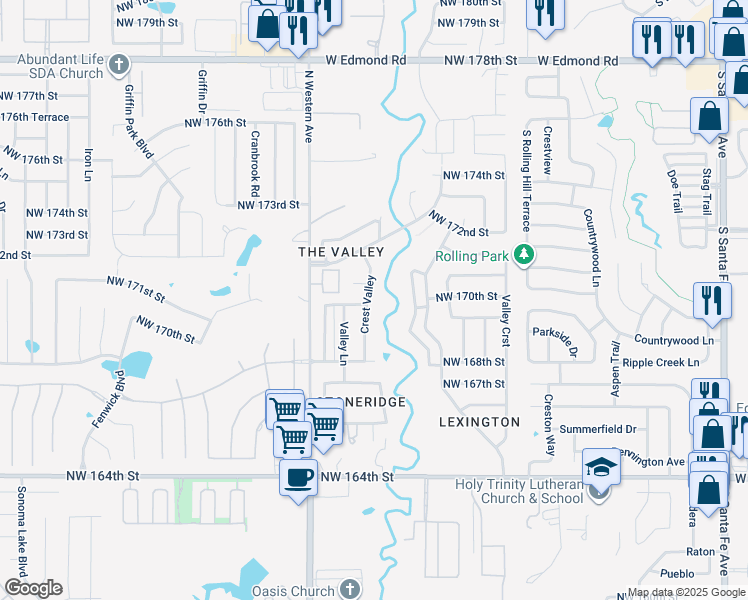 map of restaurants, bars, coffee shops, grocery stores, and more near 17100 Crest Valley in Edmond