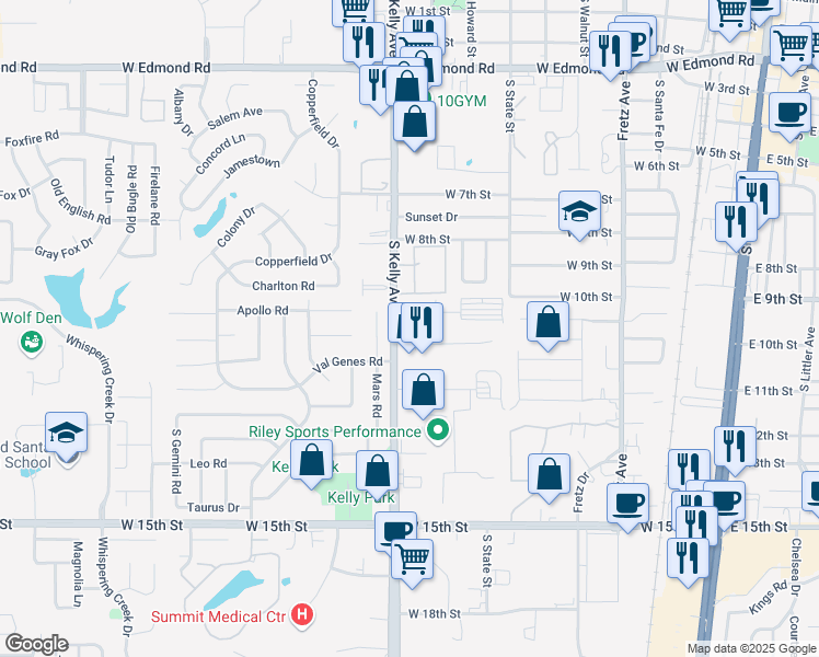 map of restaurants, bars, coffee shops, grocery stores, and more near 900 South Kelly Avenue in Edmond
