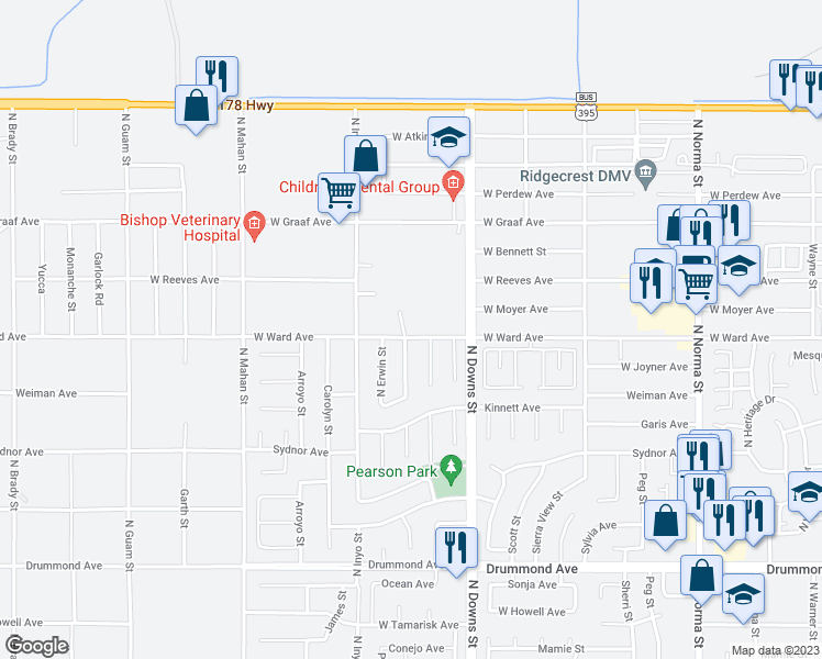 map of restaurants, bars, coffee shops, grocery stores, and more near 1300 North El Prado Street in Ridgecrest