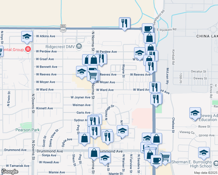 map of restaurants, bars, coffee shops, grocery stores, and more near 344 West Ward Avenue in Ridgecrest