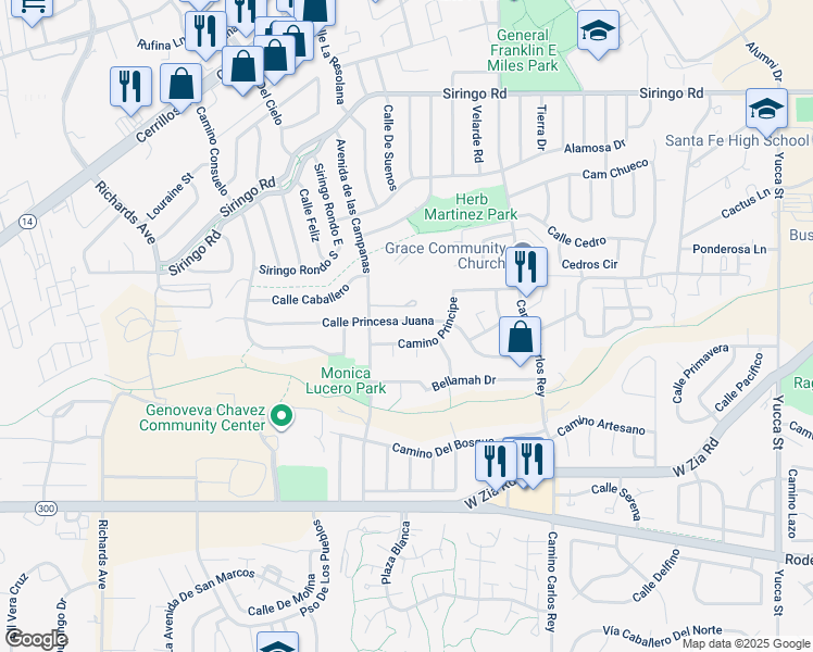 map of restaurants, bars, coffee shops, grocery stores, and more near 2924 Calle Princesa Juana in Santa Fe