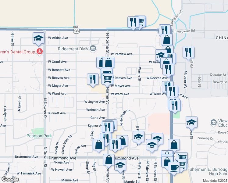 map of restaurants, bars, coffee shops, grocery stores, and more near 422 West Ward Avenue in Ridgecrest