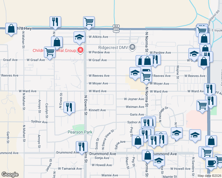 map of restaurants, bars, coffee shops, grocery stores, and more near 712 West Ward Avenue in Ridgecrest