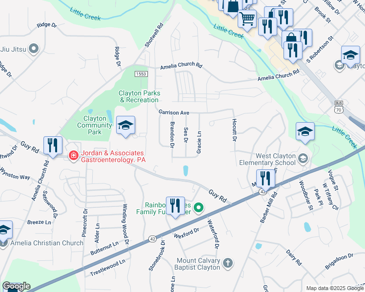 map of restaurants, bars, coffee shops, grocery stores, and more near 120 Ses Drive in Clayton
