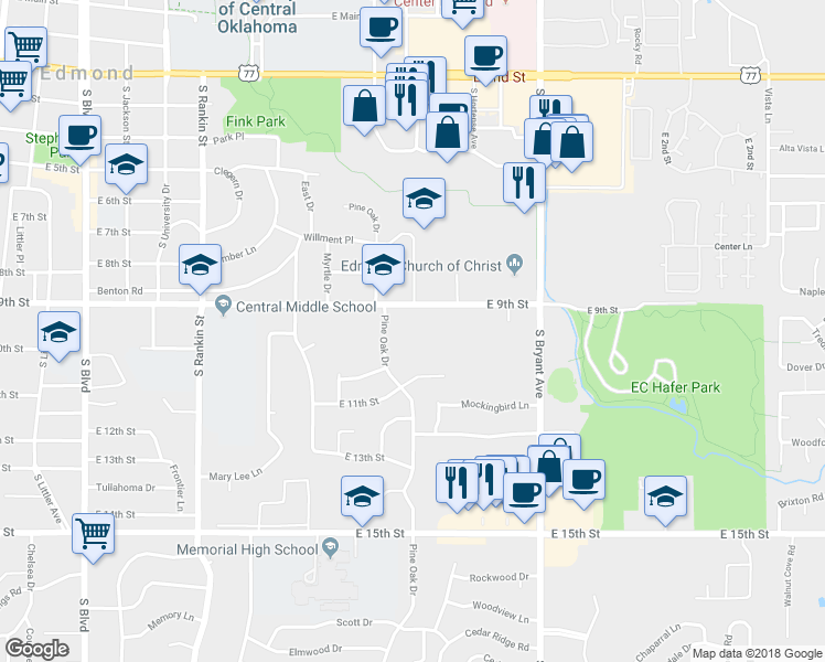map of restaurants, bars, coffee shops, grocery stores, and more near 1100 East 9th Street in Edmond